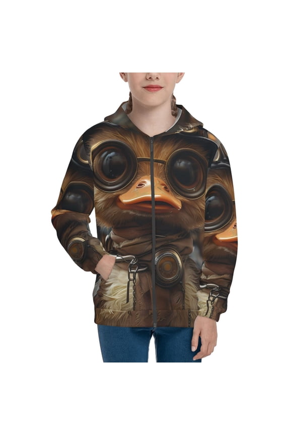 Vintage Gentleman Duck Pattern Kids Boys Girls Zip Up Hoodie 3D Printed Hooded Sweatshirt Hoody Coat with Pocket 7-12 Y-Medium