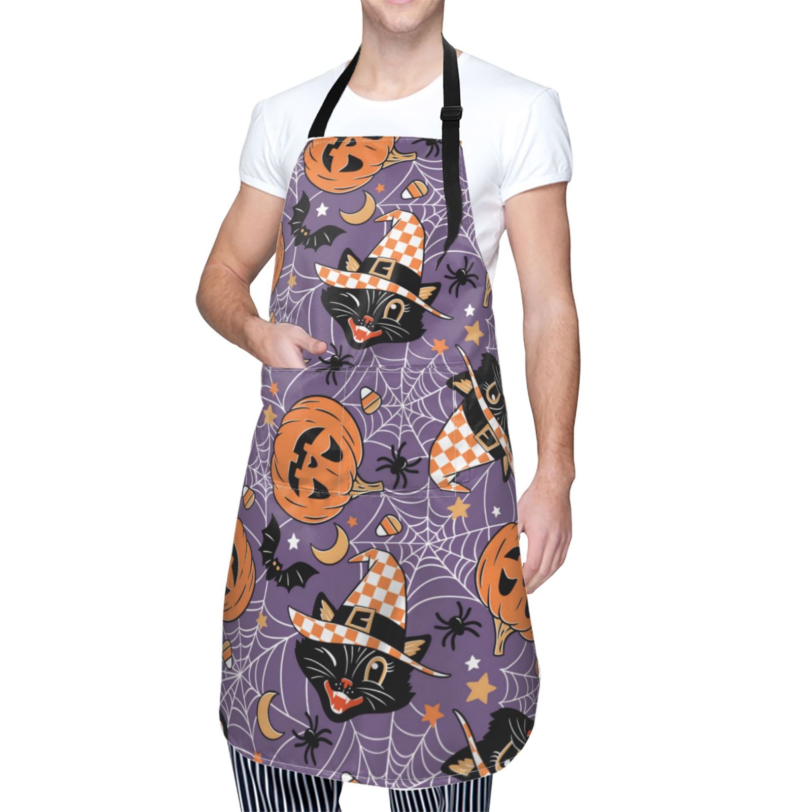 Kdxio Vintage Halloween Black Cat Apron with Pockets Adjustable Kitchen Aprons for Men Women Waterproof Aprons for Cooking,Drawing,Crafting, Baking Household Cleaning