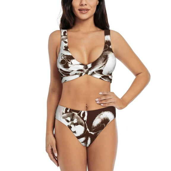 Kdxio Vintage Husky Dog Print Women's 2 Piece High Waisted Wrap Spaghetti Strap Summer Swimsuit Bikini Set-X-Large