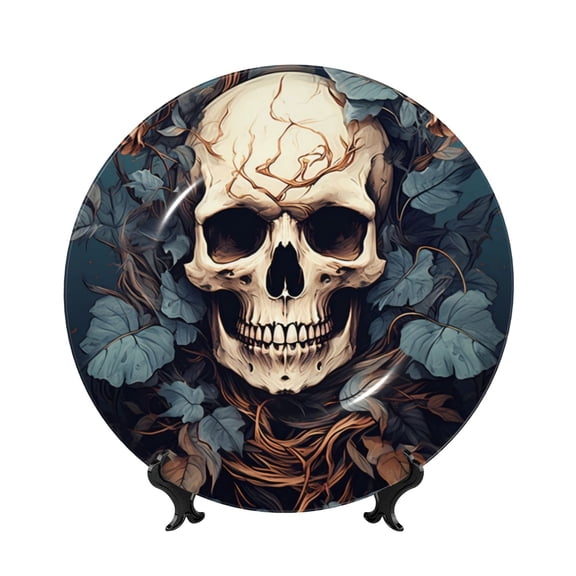 Kdxio Vintage Leaf Flower Skull Bone China Decorative Plate Ceramic Decorative Plate for Home Office Wall Stand Decorative Plates for Home Bedroom-6in
