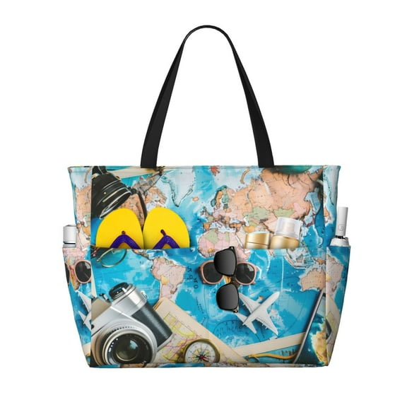 Kdxio Vintage Map Travel Essentials for Beach Bag for Women Large Beach Tote Bag Waterproof Sandproof Swim Bag with Zipper Pockets Beach Vacation Travel