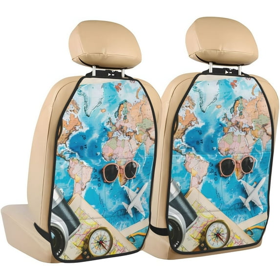 Kdxio Vintage Map Travel Essentials Print 2 Pack Car Kick Mat Seat Cover Back Protector Mat with Pockets for Organizer Backseat Protector and Storage Anti Kick Pad for Vehicles