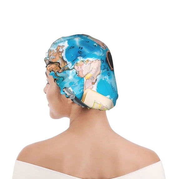 Kdxio Vintage Map Travel Essentials Print Shower Cap for Women,Elastic and Reusable,Double Waterproof Layers Bathing Hat