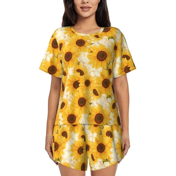 Kdxio Vintage Marble Pattern Sunflower Print Pajamas Sets for Women Short-Sleeved Pjs with Lounge Shorts Two Piece Sleepwear S-4XL