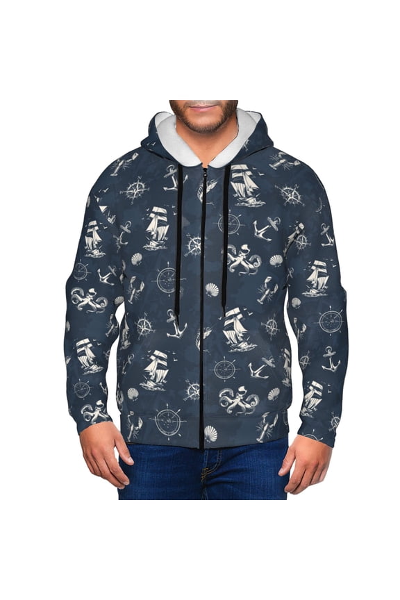 Vintage Marine Print Men Hoodies Casual Hoodies for Men with Zip Pockets Full Zip Long Sleeve Sweatshirt Sports Hooded Jacket-Large