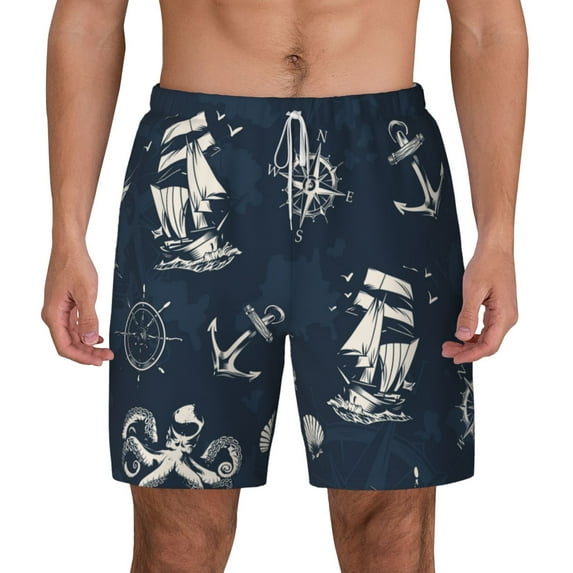 Kdxio Vintage Marine Print Men'S Swim Trunks With Compression Liner 7 Inch Inseam Quick Dry Swim Shorts