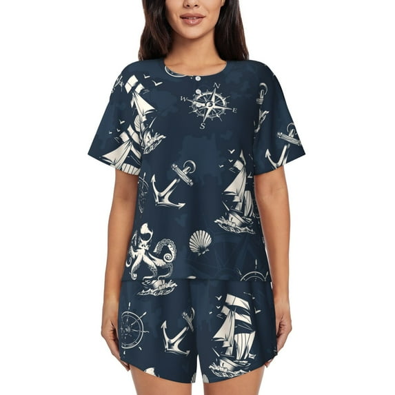 Kdxio Vintage Marine Print Pajamas Sets for Women Short-Sleeved Pjs with Lounge Shorts Two Piece Sleepwear S-4XL