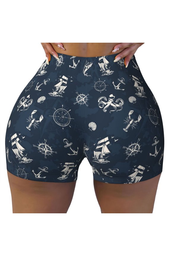 Vintage Marine Print Workout Shorts for Women Seamless Soft Smooth Gym Yoga Scrunch Active Shorts