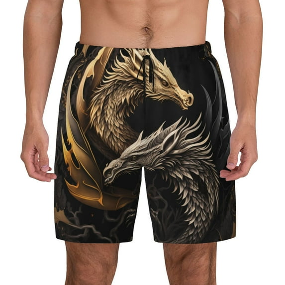 Kdxio Vintage Metal Dragon Print Men's Swim Trunks with Compression Liner 7 Inch Inseam Quick Dry Swim Shorts