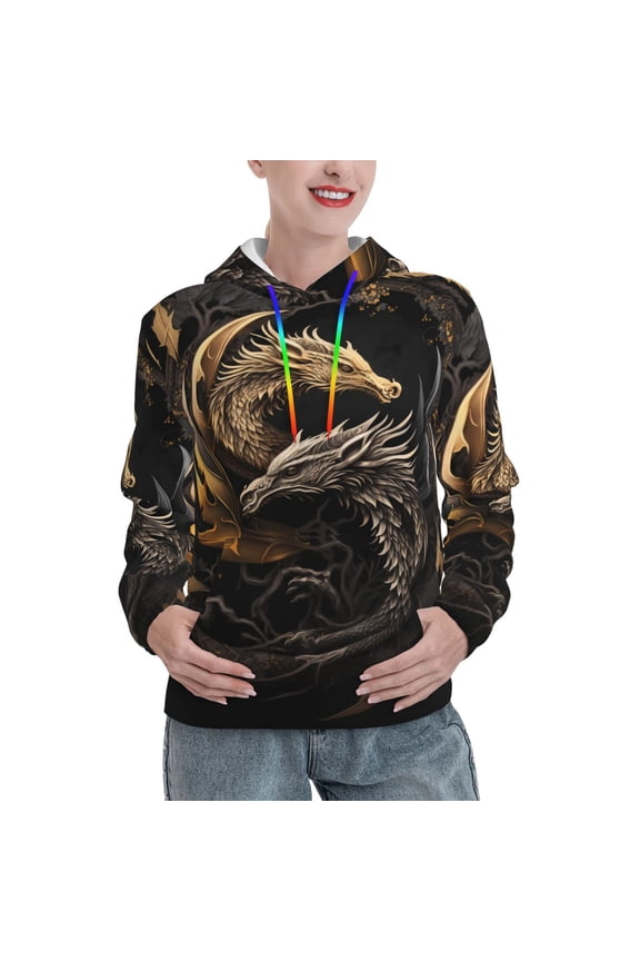 Vintage Metal Dragon Print Womens Oversized Hoodies Sweatshirts Hooded Pullover Tops Sweaters Casual-Large