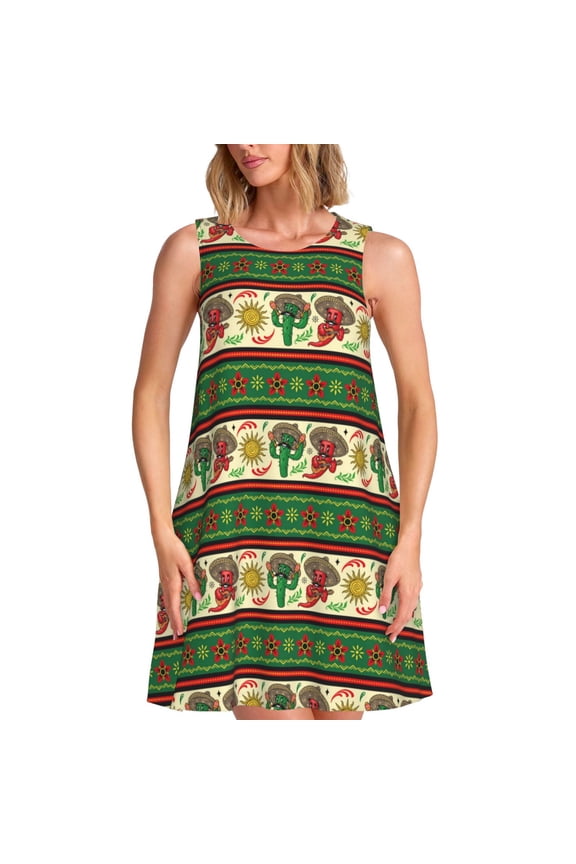 Vintage Mexican Pattern Summer Dresses for Women Beac Sleeveless Vintage Floral Flowy Pocket Tshirt Tank Sundresses