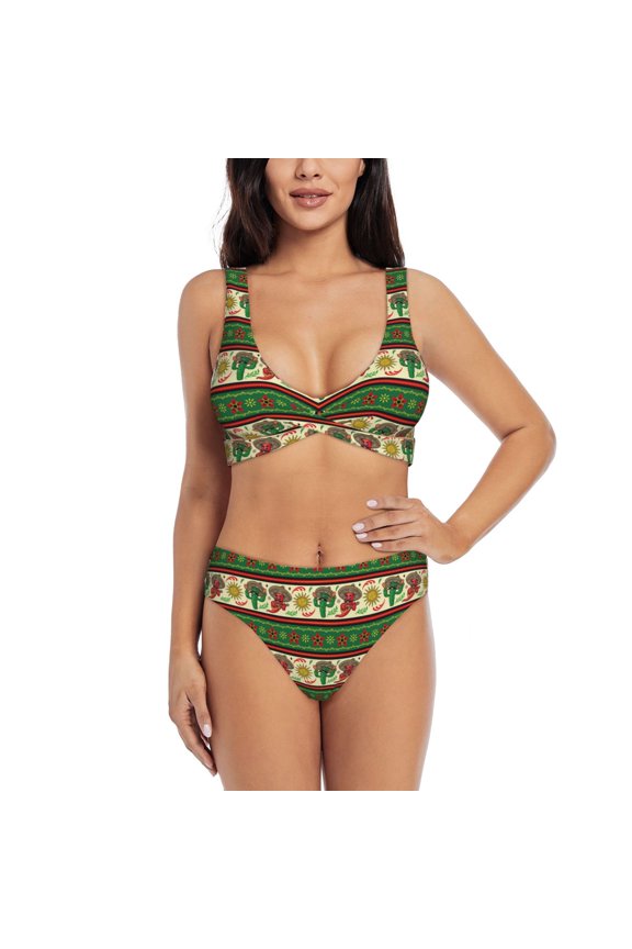 Vintage Mexican Print Women's 2 Piece High Waisted Wrap Spaghetti Strap Summer Swimsuit Bikini Set-Medium