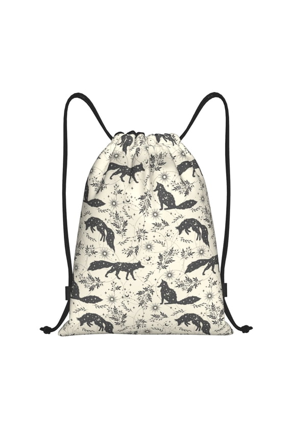 Vintage Moon Fox Print Drawstring Backpack Bag,Waterproof Draw String Back Sack, Gym Drawstring Bags Swim Bag For Unisex
