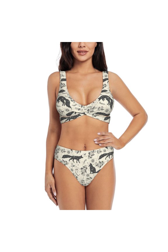 Vintage Moon Fox Print Women's 2 Piece High Waisted Wrap Spaghetti Strap Summer Swimsuit Bikini Set-Medium