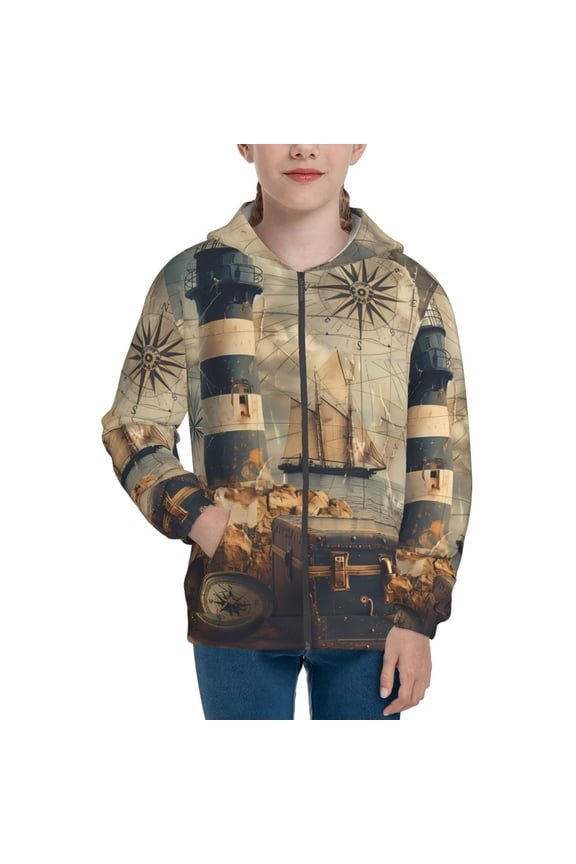 Vintage Nautical Lighthouse Pattern Kids Boys Girls Zip Up Hoodie 3D Printed Hooded Sweatshirt Hoody Coat with Pocket 7-12 Y-Medium