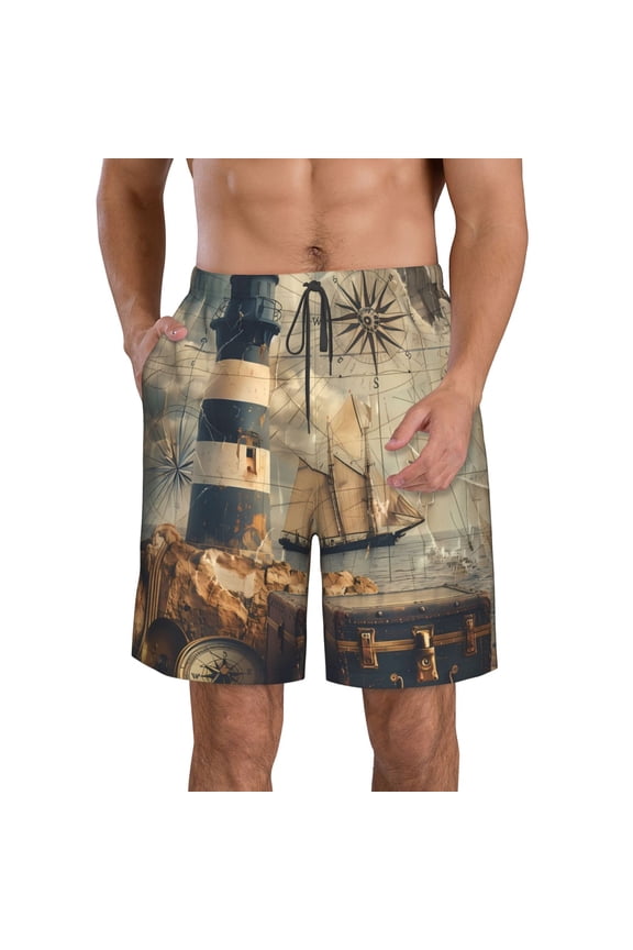 Vintage Nautical Lighthouse Pattern Mens Casual Shorts - Drawstring Summer Beach Sports Shorts for Men