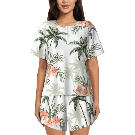 Kdxio Vintage Palm Trees Print Pajamas Sets for Women Short-Sleeved Pjs with Lounge Shorts Two Piece Sleepwear S-4XL