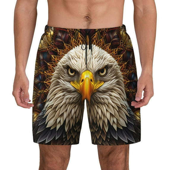 Kdxio Vintage Pattern Bald Eagle Print Men's Swim Trunks with Compression Liner 7 Inch Inseam Quick Dry Swim Shorts