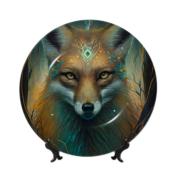 Kdxio Vintage Pattern Fox Bone China Decorative Plate Ceramic Decorative Plate for Home Office Wall Stand Decorative Plates for Home Bedroom-7in