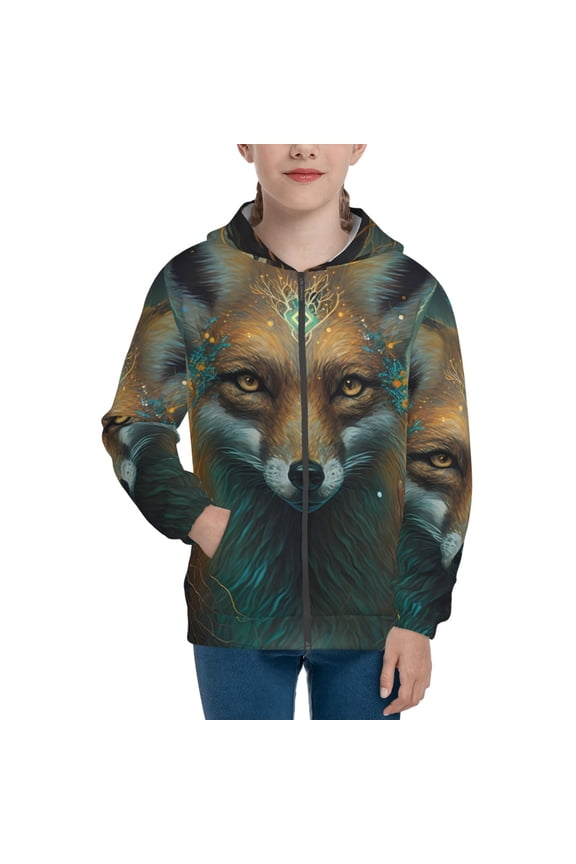 Vintage Pattern Fox Pattern Kids Boys Girls Zip Up Hoodie 3D Printed Hooded Sweatshirt Hoody Coat with Pocket 7-12 Y-Medium