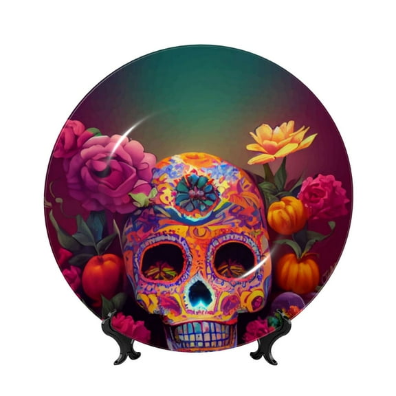 Kdxio Vintage Patterned Skull Bone China Decorative Plate Ceramic Decorative Plate for Home Office Wall Stand Decorative Plates for Home Bedroom-8in