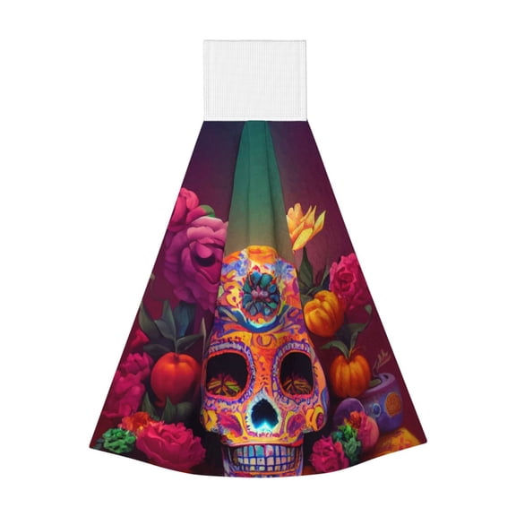 Kdxio Vintage Patterned Skull Hand Towel with Loop Hanging Towel Absorbent Tie Towels for Kitchen Tea Bar Bathroom Decor