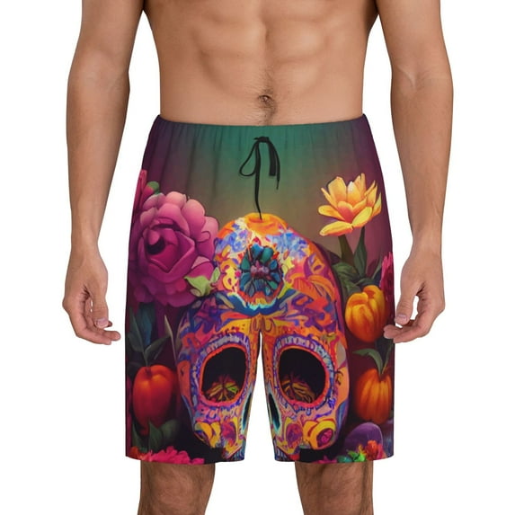 Kdxio Vintage Patterned Skull Print Mens Sleep Shorts Bottoms Soft Comfy Pajama Wear Pants with Drawstring Pockets