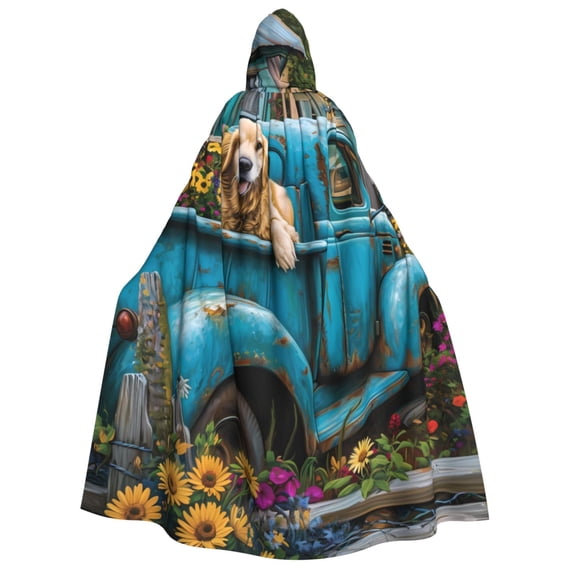 Kdxio Vintage Pickup Sunflower Dog Print Hooded Cloak Unisex Cloak with Hood Halloween Christmas Cape Cosplay Costume