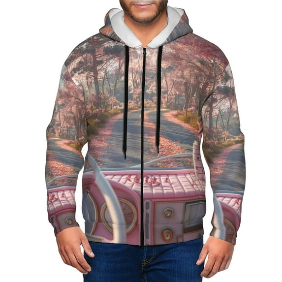 Kdxio Vintage Pink Drive View Print Men Hoodies Casual Hoodies for Men with Zip Pockets Full Zip Long Sleeve Sweatshirt Sports Hooded Jacket-Small