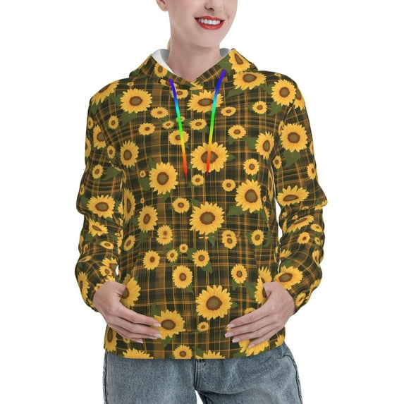 Kdxio Vintage Plaid Sunflower Print Womens Oversized Hoodies Sweatshirts Hooded Pullover Tops Sweaters Casual-XX-Large