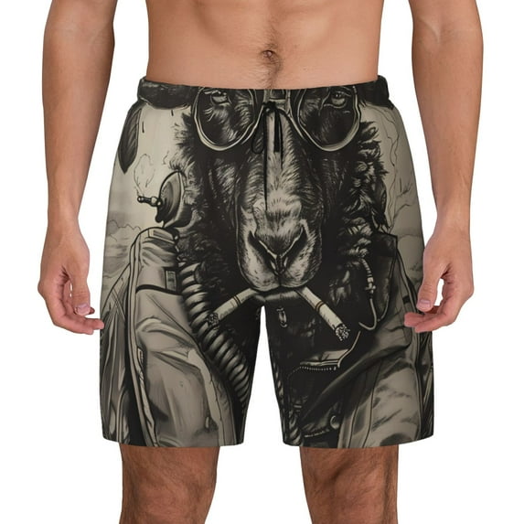 Kdxio Vintage Ram Pilot Print Men's Swim Trunks with Compression Liner 7 Inch Inseam Quick Dry Swim Shorts