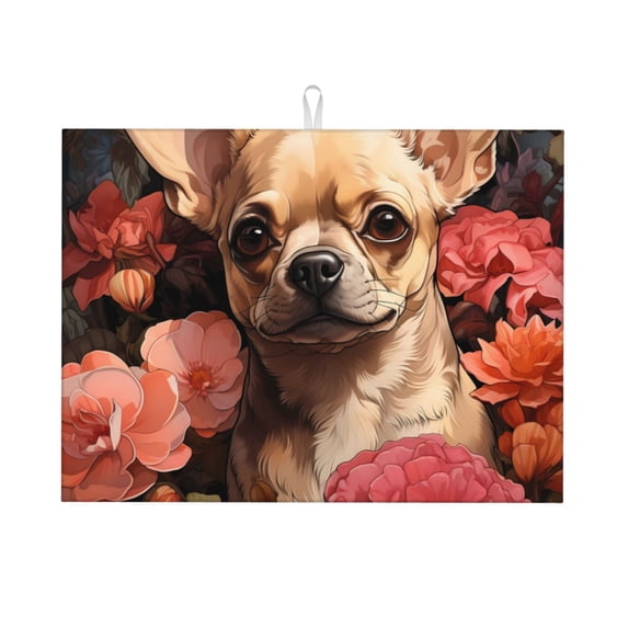 Kdxio Vintage Red Flower Chihuahua for Dish Drying Mat,24*18 inch Absorbent Dish Drainer Kitchen Counter,Large Size Dish Drying Pad for Countertops,Draining Racks