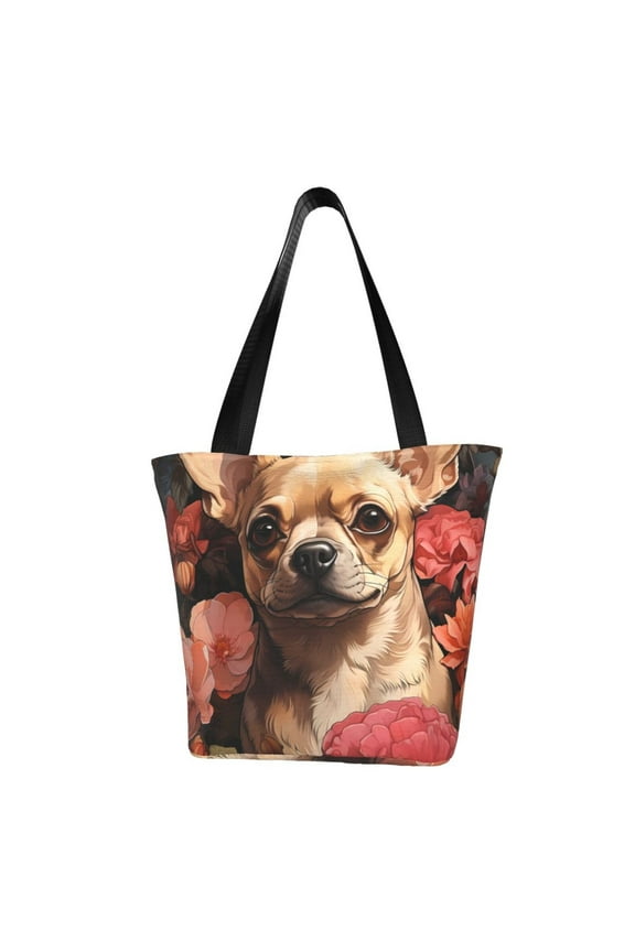 Vintage Red Flower Chihuahua Women Reusable Grocery Bags Foldable Ripstop,Reusable Shopping Bags for Shopping,Gym,Gift