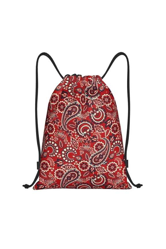 Vintage Red Paisley Print Drawstring Backpack Bag,Waterproof Draw String Back Sack, Gym Drawstring Bags Swim Bag For Unisex