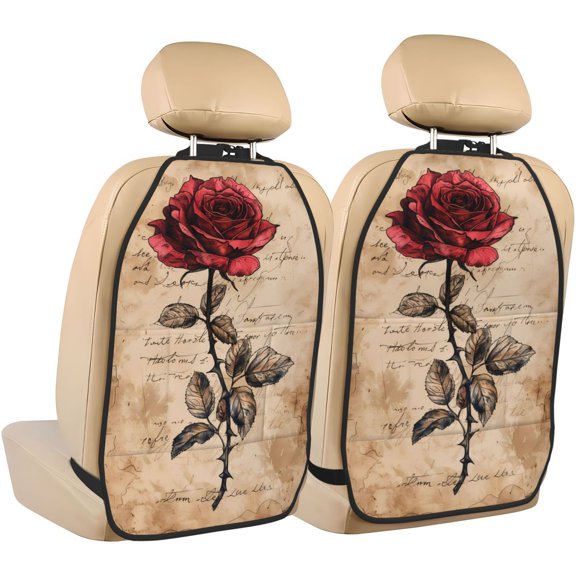 Kdxio Vintage Rose Botanical Art Print 2 Pack Car Kick Mat Seat Cover Back Protector Mat with Pockets for Organizer Backseat Protector and Storage Anti Kick Pad for Vehicles