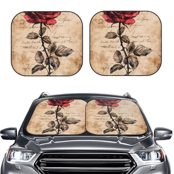 Kdxio Vintage Rose Botanical Art Print 2-Piece Sun Shade Front Windshield - Foldable Car Front Window Sunshades for Most Sedans SUV Truck