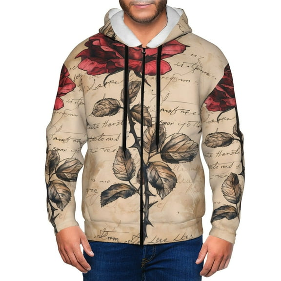 Kdxio Vintage Rose Botanical Art Print Men Hoodies Casual Hoodies for Men with Zip Pockets Full Zip Long Sleeve Sweatshirt Sports Hooded Jacket-Small