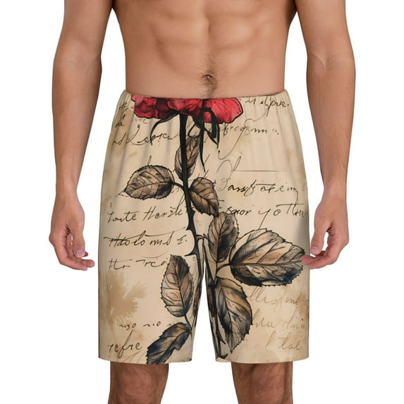 Kdxio Vintage Rose Botanical Art Print Mens Sleep Shorts Bottoms Soft Comfy Pajama Wear Pants with Drawstring Pockets