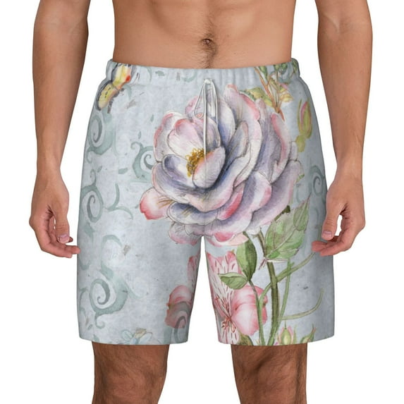 Kdxio Vintage Rose Print Men'S Swim Trunks With Compression Liner 7 Inch Inseam Quick Dry Swim Shorts