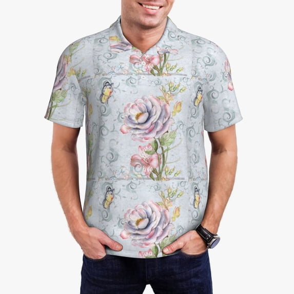 Kdxio Vintage Rose Print Men's Short Sleeve Polo Shirt,Midweight Men's Shirt