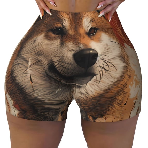 Kdxio Vintage Shiba Inu Art Print Workout Shorts for Women Seamless Soft Smooth Gym Yoga Scrunch Active Shorts
