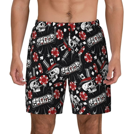 Kdxio Vintage Skull Casino Print Men'S Swim Trunks With Compression Liner 7 Inch Inseam Quick Dry Swim Shorts