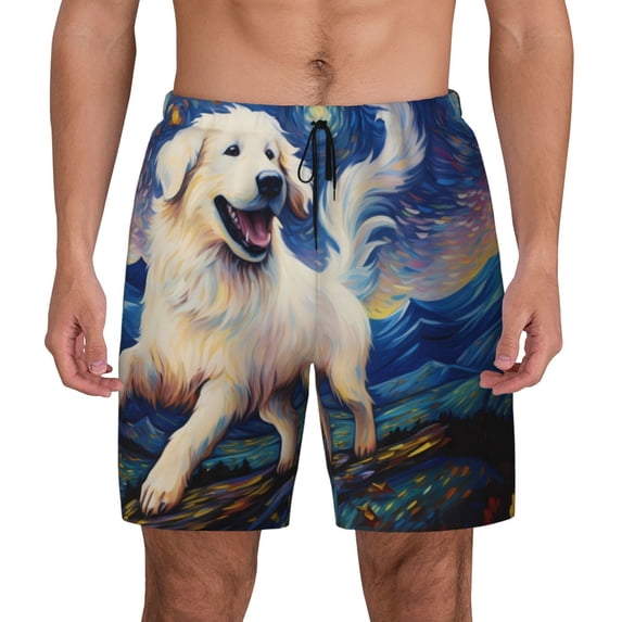 Kdxio Vintage Starry Sky Puppy Print Men's Swim Trunks with Compression Liner 7 Inch Inseam Quick Dry Swim Shorts