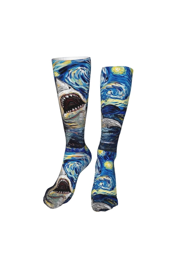 Vintage Starry Sky Shark Funny Silky Novelty Funky Long Knee High Socks Soft 3D Print Cosplay Crazy Stockings for Men Women