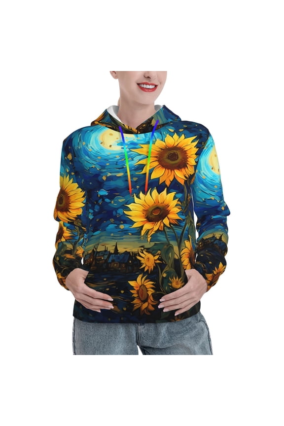 Vintage Starry Sky Sunflower Print Womens Oversized Hoodies Sweatshirts Hooded Pullover Tops Sweaters Casual-Medium
