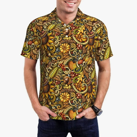 Kdxio Vintage Sunflower and Corn Autumn Print Men's Short Sleeve Polo Shirt,Midweight Men's Shirt-4X-Large