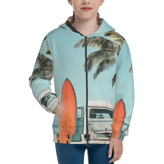 Kdxio Vintage Surf Van Beach Pattern Kids Boys Girls Zip Up Hoodie 3D Printed Hooded Sweatshirt Hoody Coat with Pocket 7-12 Y-Small