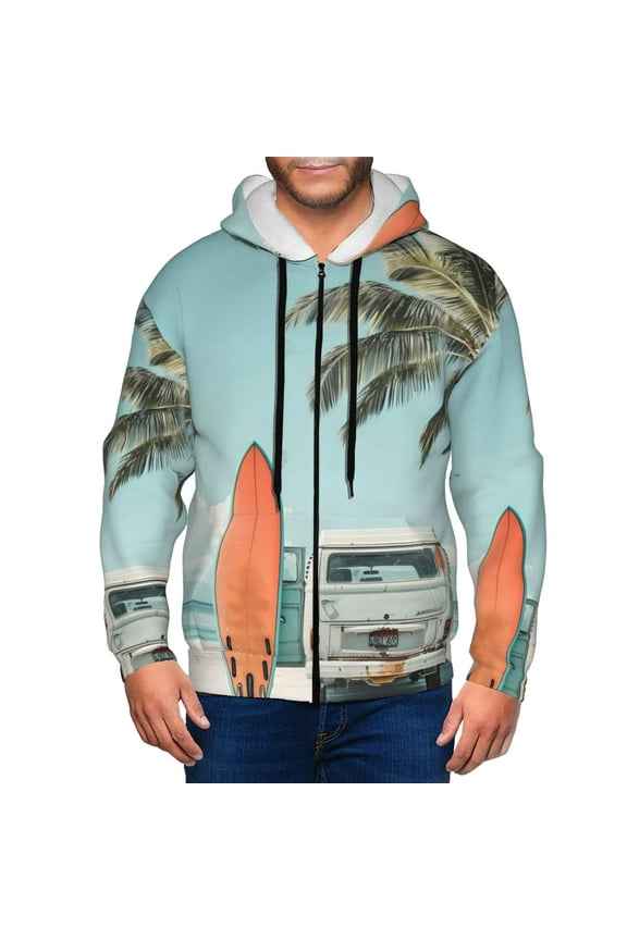 Vintage Surf Van Beach Print Men Hoodies Casual Hoodies for Men with Zip Pockets Full Zip Long Sleeve Sweatshirt Sports Hooded Jacket-Large