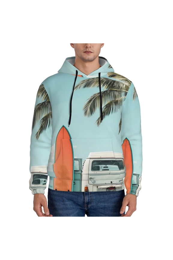 Vintage Surf Van Beach Print Mens Casual Hooded Collar Drawstring Hoodies Pullover Sweatshirts Casual Long Sleeve Shirts-XX-Large