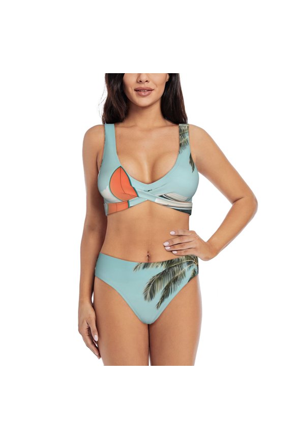 Vintage Surf Van Beach Print Women's 2 Piece High Waisted Wrap Spaghetti Strap Summer Swimsuit Bikini Set-Medium